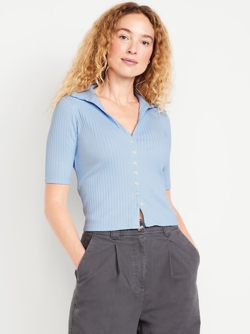 Old Navy Cashmere Blue Ribbed Button Down Polo Top Women’s XS Fitted